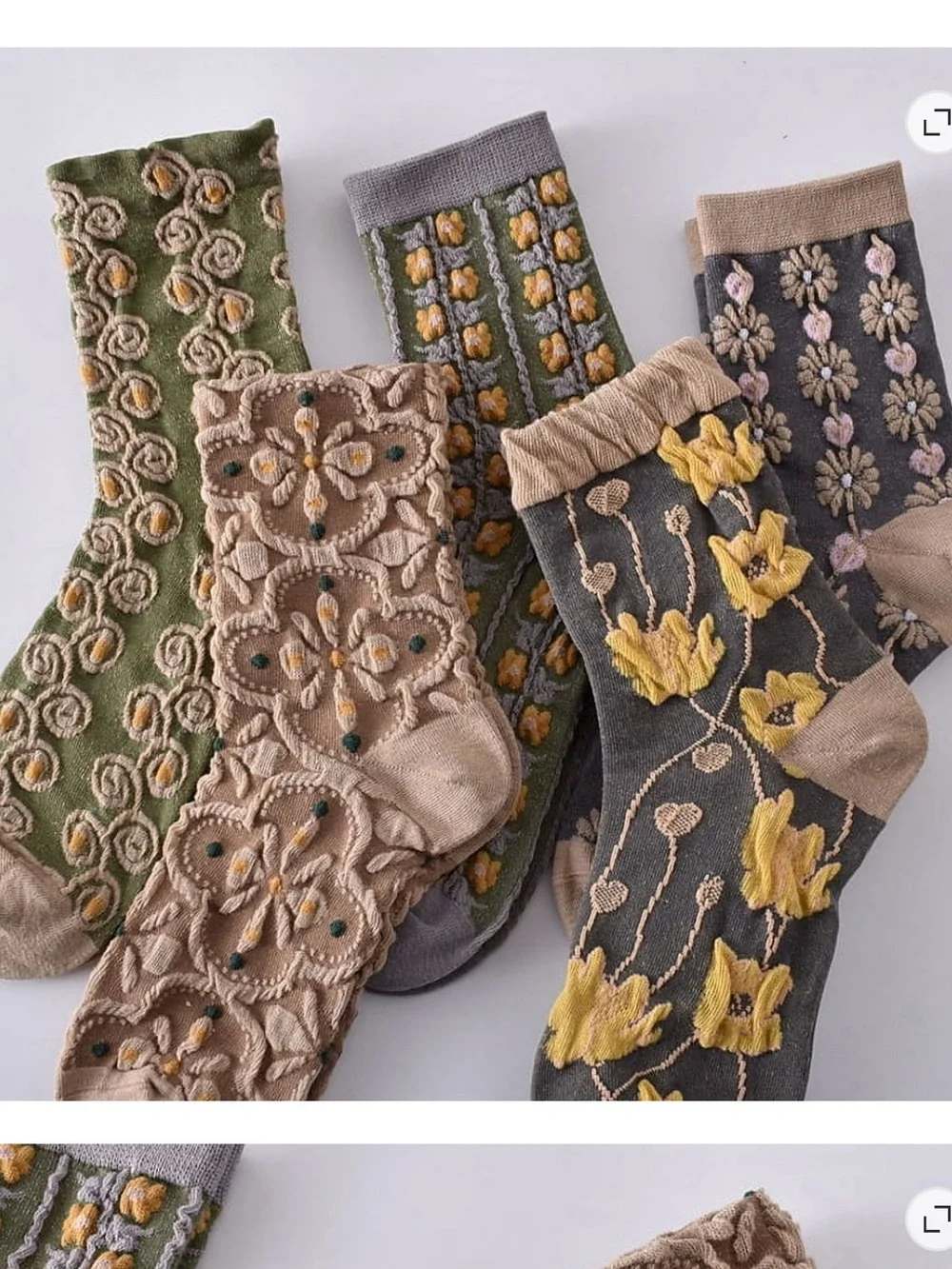 Embroidered Floral Crew Socks - Olive, Taupe, Gray, Mustard 5pc women’s new